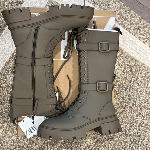 Zara khaki waxed lace up lug sole boots - Picture 6 of 15